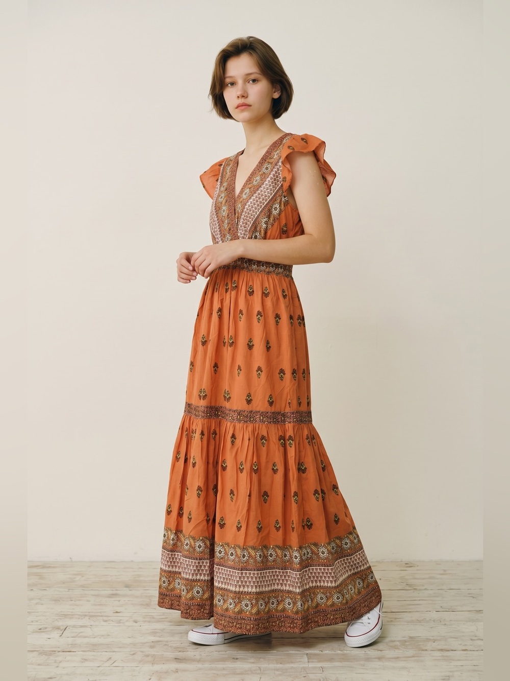 Ces Femme Burnt Orange Maxi Dress with Floral Border